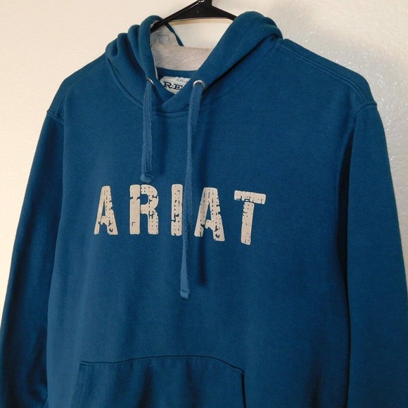 Ariat Real Hoodie Women L Teal Graphic Logo Pullover Sweatshirt Pocket Workwear - Picture 3 of 8